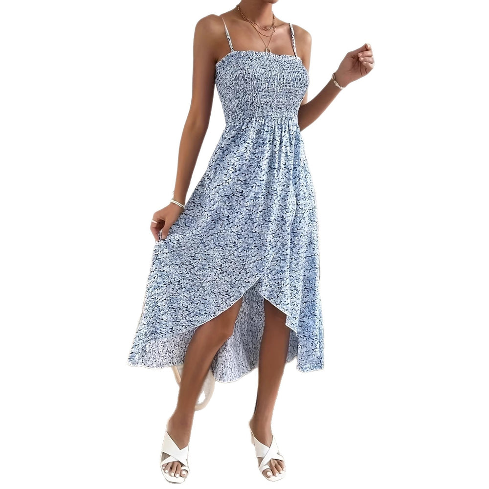 European and american style cross-border  spring french vacation new ruffled elegant floral print camisole dress for women