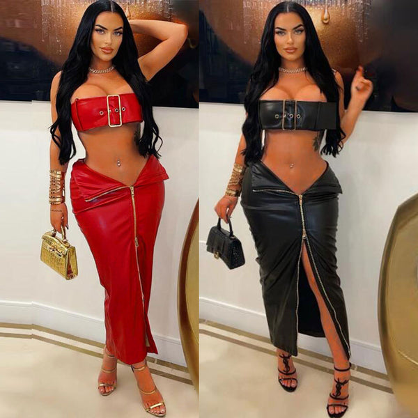K2832 European and American, sexy, sexy leather metal buckle tight hip skirt set