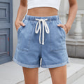 European and american cross-border e-commerce summer new arrivals:  independent store washed, rolled-hem, elastic waist, drawstring denim shorts for women