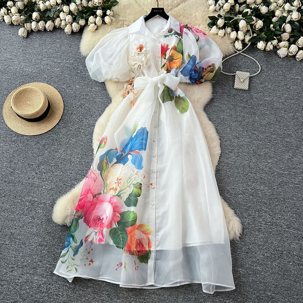 Frenchelegancedress women's summer palace style strap waist stereo flower lantern sleeve printing mesh long skirt