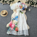 Frenchelegancedress women's summer palace style strap waist stereo flower lantern sleeve printing mesh long skirt