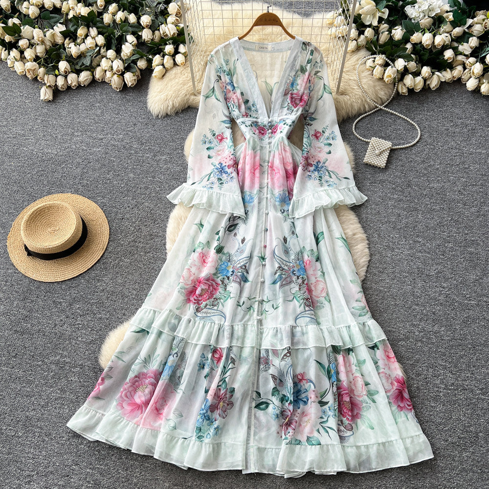 Vacation style printingv neck lantern sleeve dress women's early spring waist ruffles a-line long skirt classy style