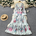 Vacation style printingv neck lantern sleeve dress women's early spring waist ruffles a-line long skirt classy style