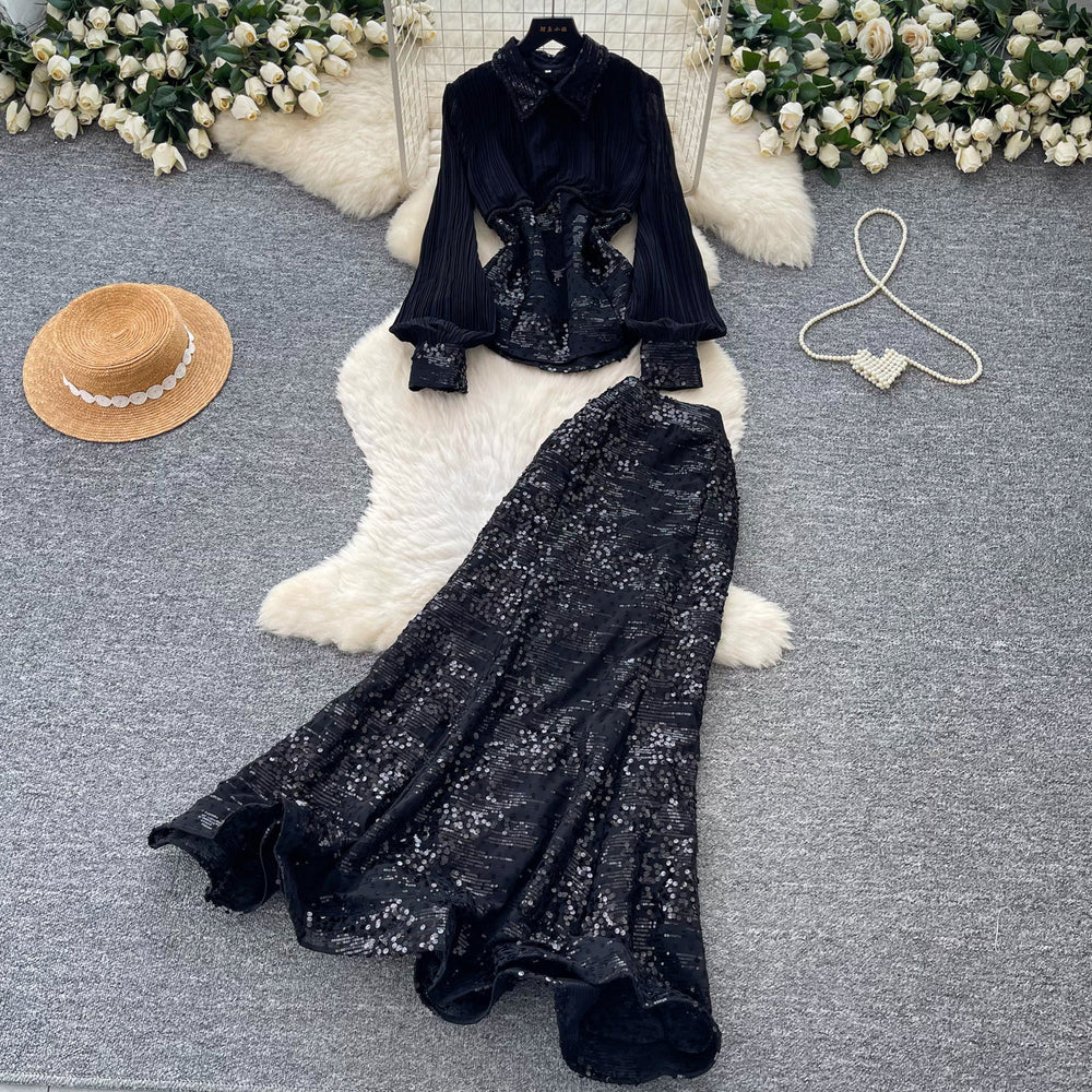 French chic sequin mesh pleated two-piece set - women's spring/autumn high-waisted tie-waist premium elegant outfit