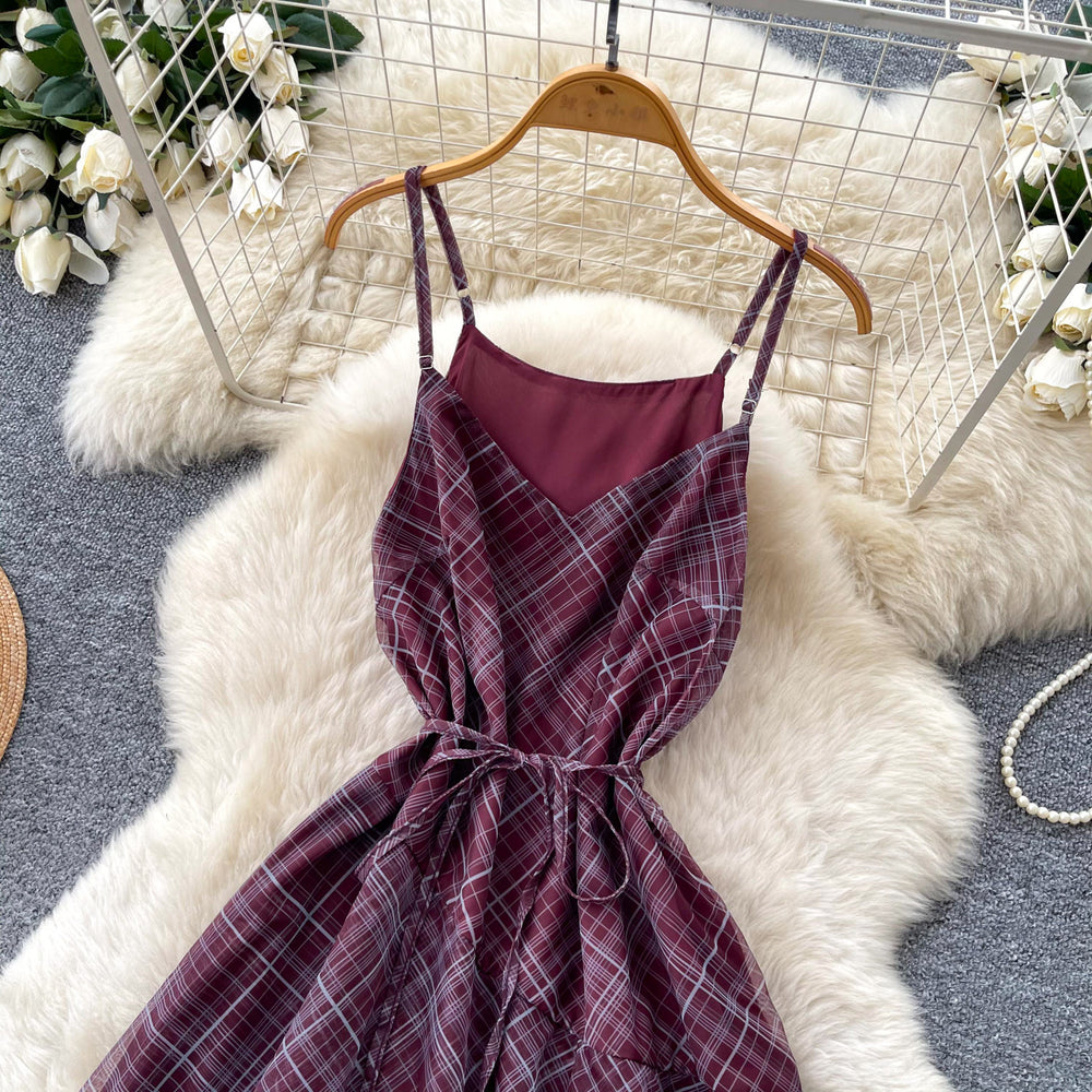 French retro plaid cami dress - women's summer korean style high waist, cinched waist, asymmetrical ruffle hem, slimming dress