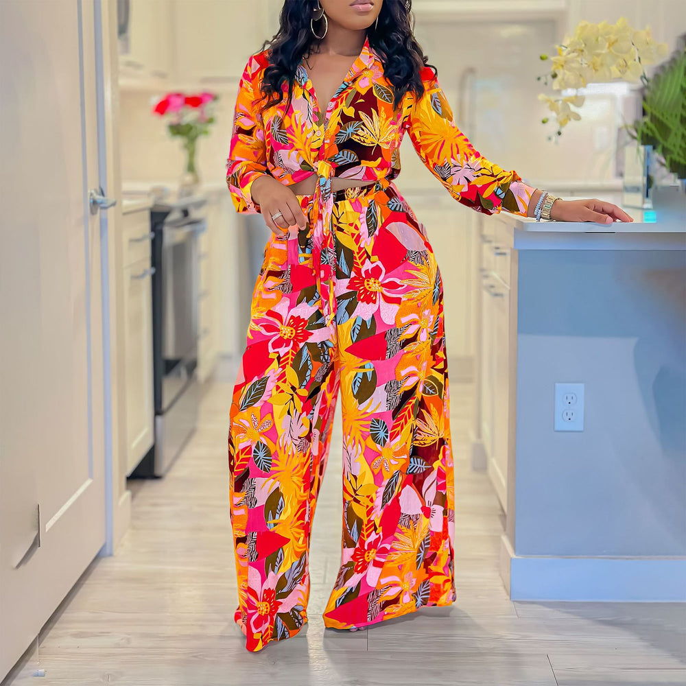 D3274 women's foreign trade  new fashion printed two-piece set: turn-down collar tie-front shirt and wide-leg pants set