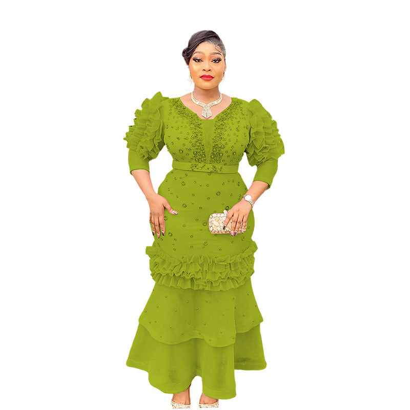 supply of african women's clothing puff sleeve v neck silm hot diamond beaded waist fishtail dress long skirt