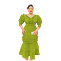 supply of african women's clothing puff sleeve v neck silm hot diamond beaded waist fishtail dress long skirt