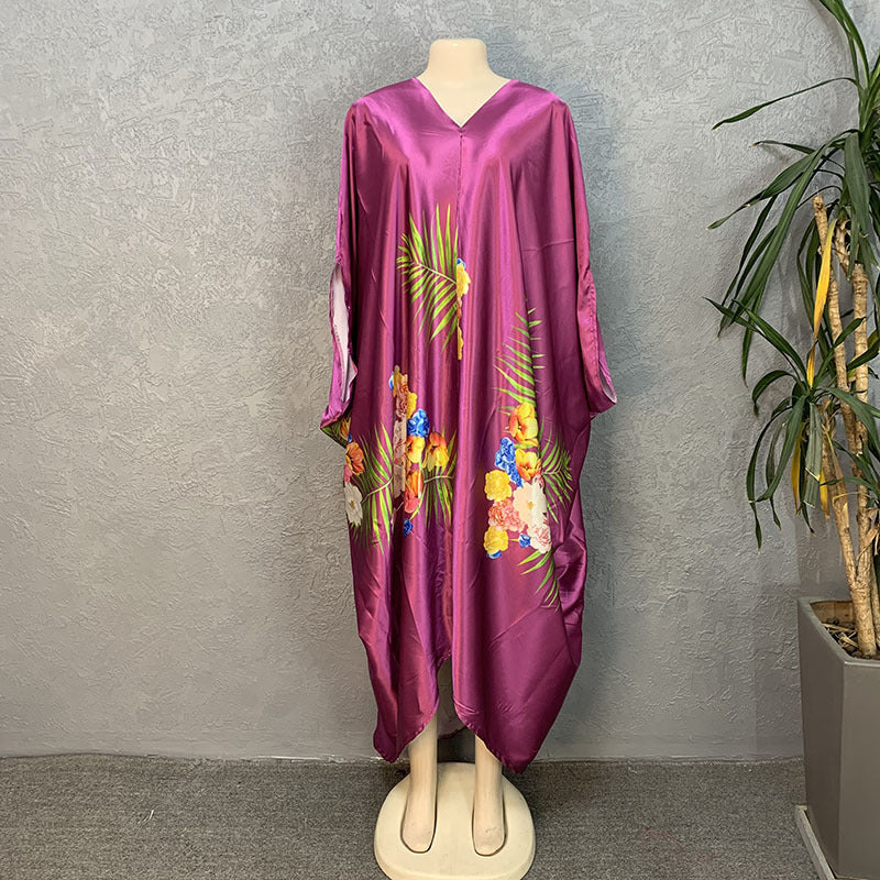 Faux silk printed loose fit plus size women's african style batwing sleeve maxi dress