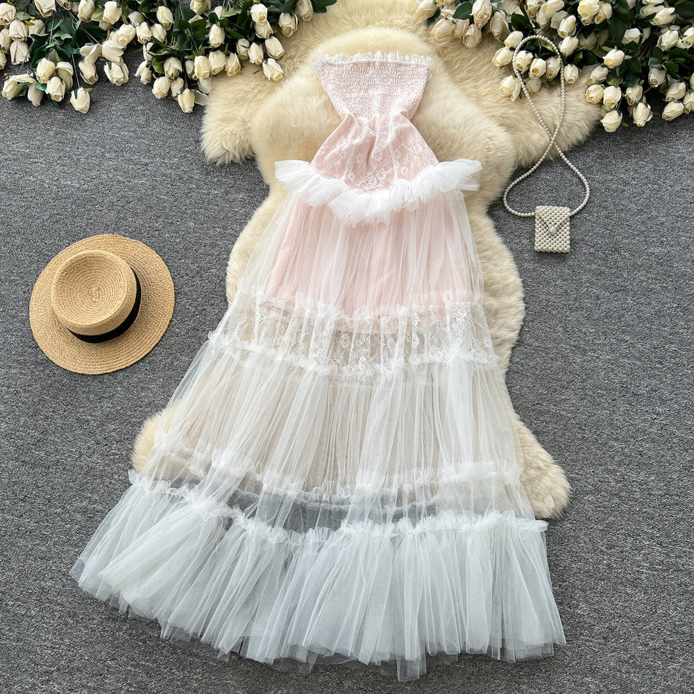 Fairy styletube tophalterlacepatchworkdress women's summer sleeveless high waist large swing long skirt sense of design waist skirt