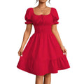 fashion  summer new arrivalelegantrufflespure color puff sleeve square neck shortdress