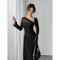fashionautum mesh patchworklong sleeveselegance asymmetrical pleated silma-linedress women