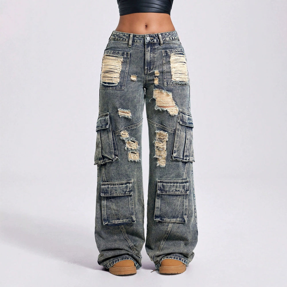 Distressed ripped workwear jeans for women, high-waisted, multi-pocket design, loose straight-leg, wide-leg, floor-sweeping style,  new arrival