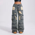 Distressed ripped workwear jeans for women, high-waisted, multi-pocket design, loose straight-leg, wide-leg, floor-sweeping style,  new arrival