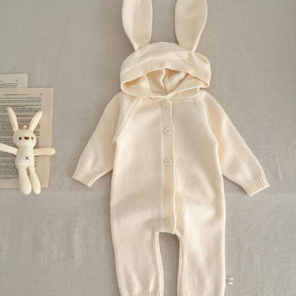 autumn newborn solid color romper cute baby knitted pom-pom hooded crawling suit