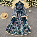 Palace style retro stand-up collar single-breasted bell sleeves long lacedress women's fashionfashionprinting long skirt