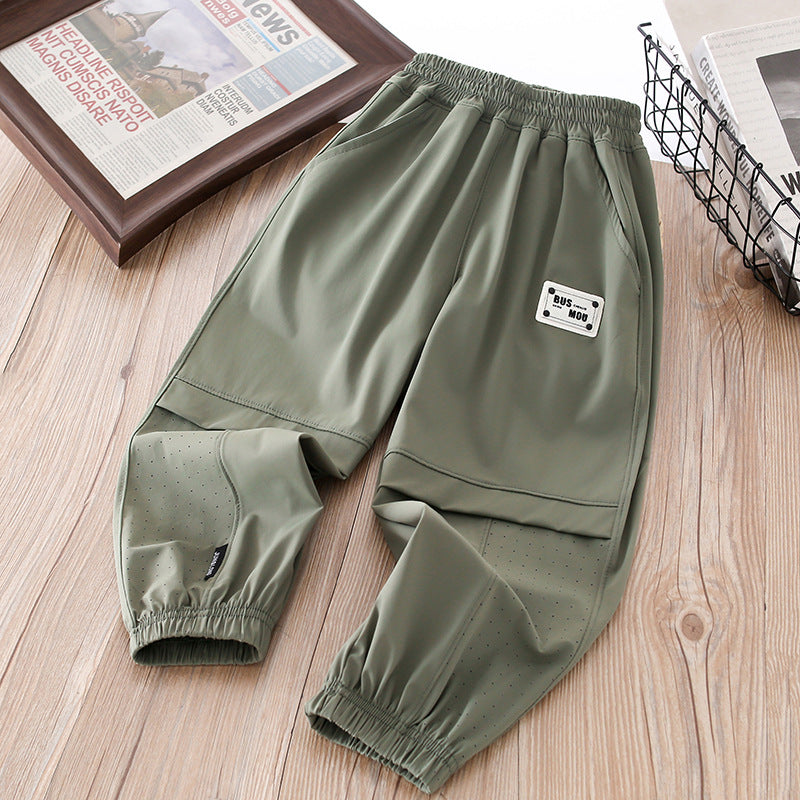 Boys' summer lightweight ice silk pants - quick-dry, mid-to-large size, casual sports trousers with elastic cuffs - mosquito-proof