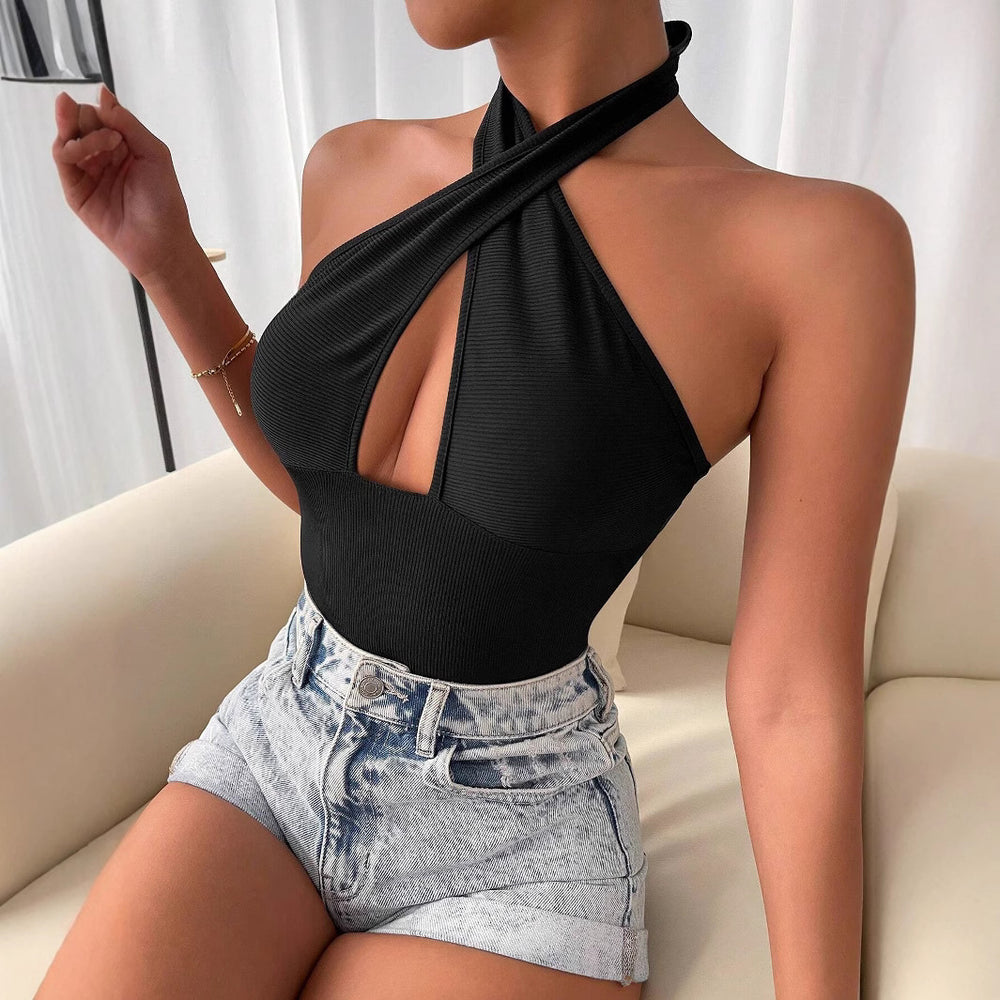 Amazon cross-border hot seller: new  spring/summer solid color sexy backless criss-cross cutout halter bodysuit