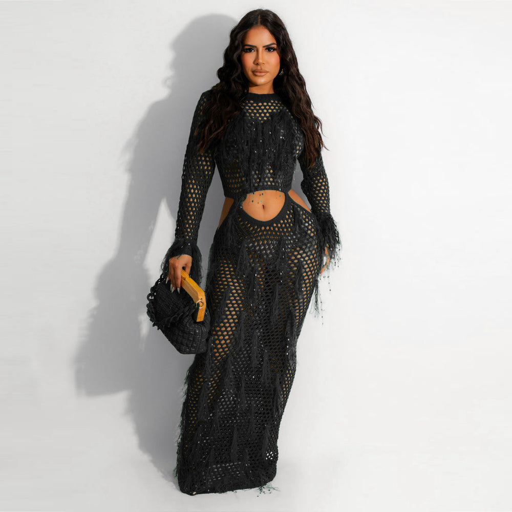 fashion new arrival european and american women's clothing sexy handmade knitting beach skirt cut out imitation mink fur tassel long skirt