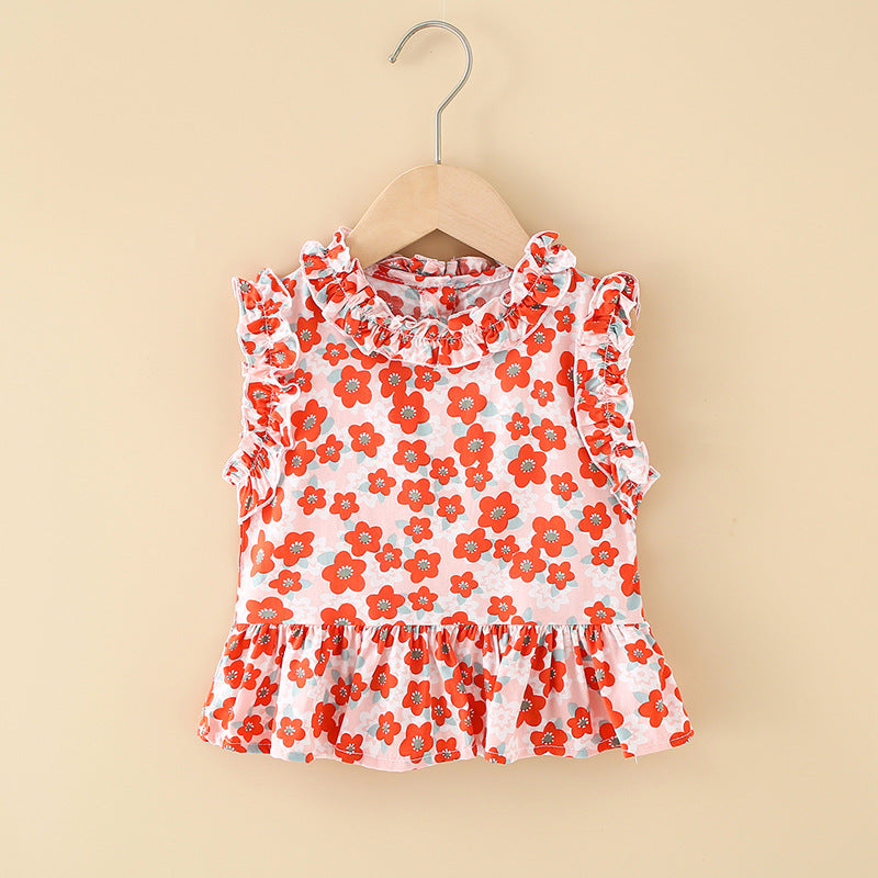 Girls' cotton rayon top - cartoon print, loose-fit, breathable, cute summer lightweight pajama set with lace trim