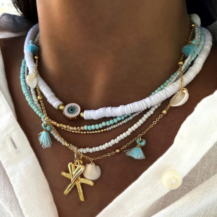 European and american cross-border jewelry: bohemian polymer clay beaded necklace, unique starfish and seashell pendant layered necklace for women