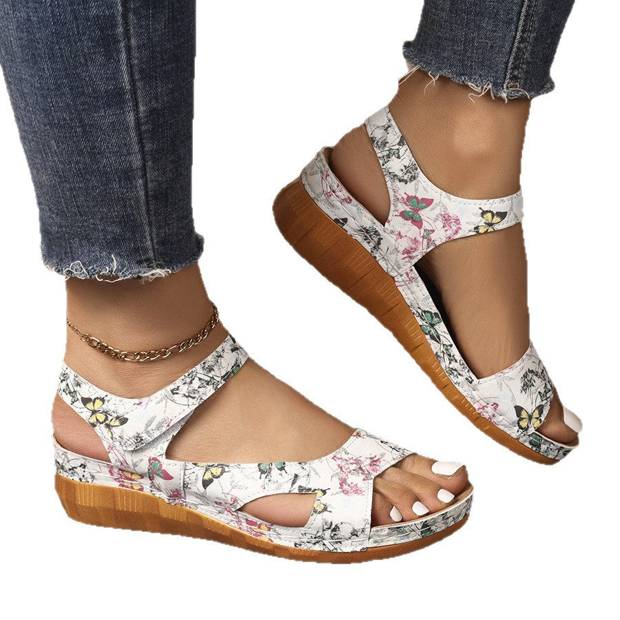 foreign trade new arrival wedge thick-soled sandals for women cross-border large size one-piece strap fish mouth velcro beach sandals