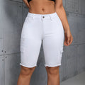 Fashionjeans women's white workwear multi-pocket hole raw edge half length pants high waist elastic cross-border jeans