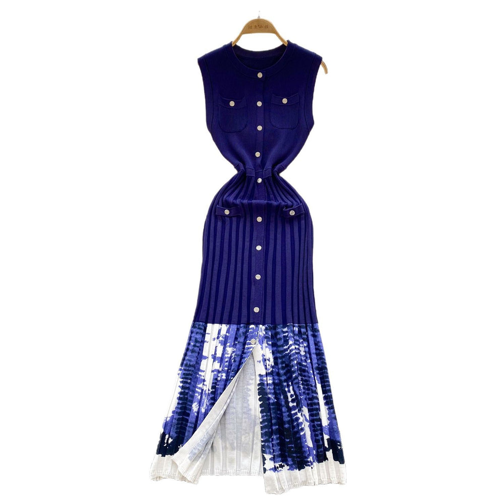Design gradient tie-dye knit dress -  summer new arrival: elegant and chic single-breasted round neck sleeveless dress