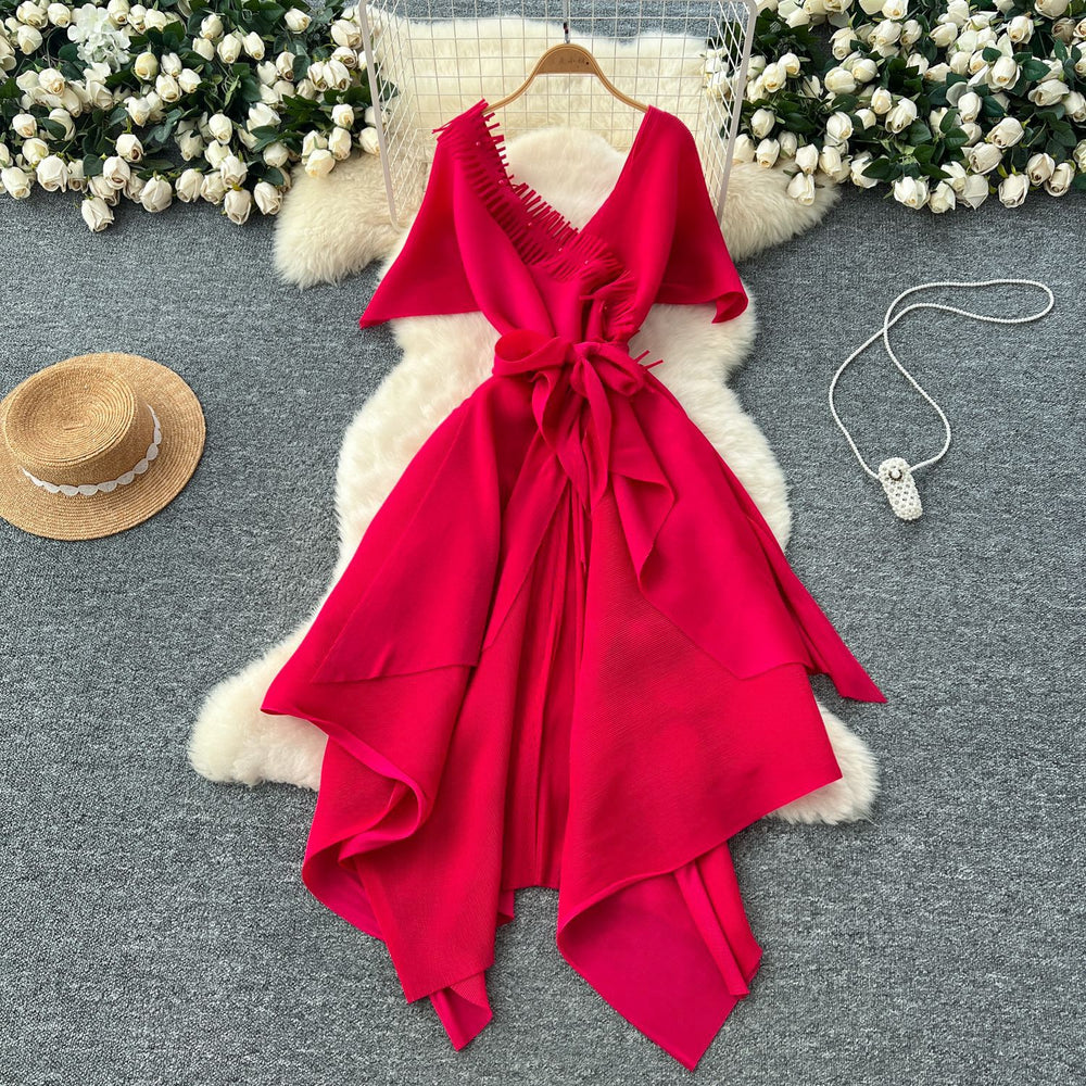 Fashionable v neckstereopatchwork strap waist asymmetrical pleated dress women's celebrity fashionable dress