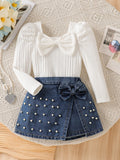 new autumn/winter cross-border girls' bubble sleeve top and heavy-duty denim beaded skort set - two-piece outfit