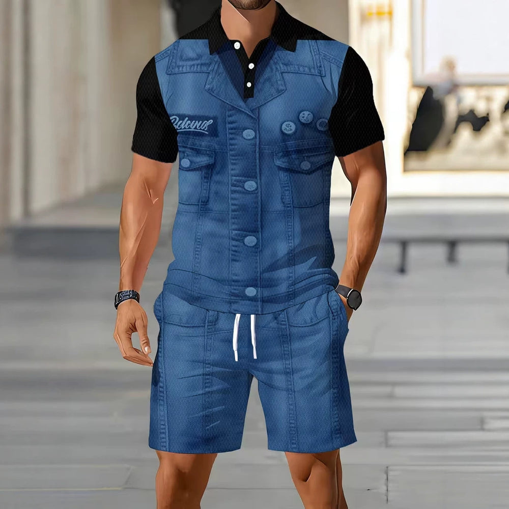 hot-selling men's polo shirt set, new summer two-piece casual short-sleeve and shorts set, dropshipping available
