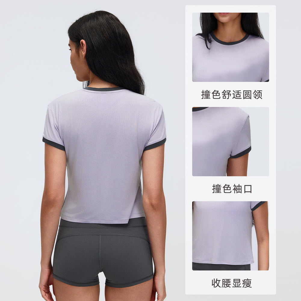 Color block shoulder cropped activewear tee - women's summer solid color crew neck sports yoga top d26053