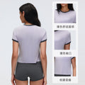 Color block shoulder cropped activewear tee - women's summer solid color crew neck sports yoga top d26053