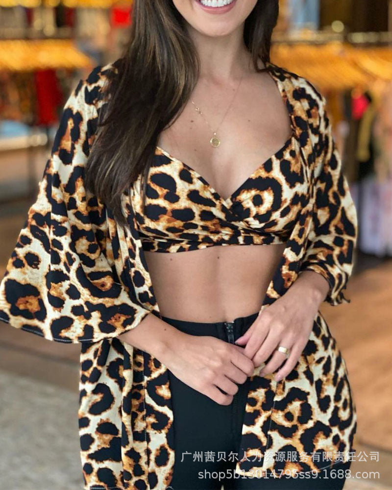 Spot  2022 European and American women's clothing leopard print lace-up suspender top + cardigan