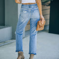 Amazon  hot selling women's jeans: european and american new style, chic commute, fashionable washed distressed straight-leg jeans