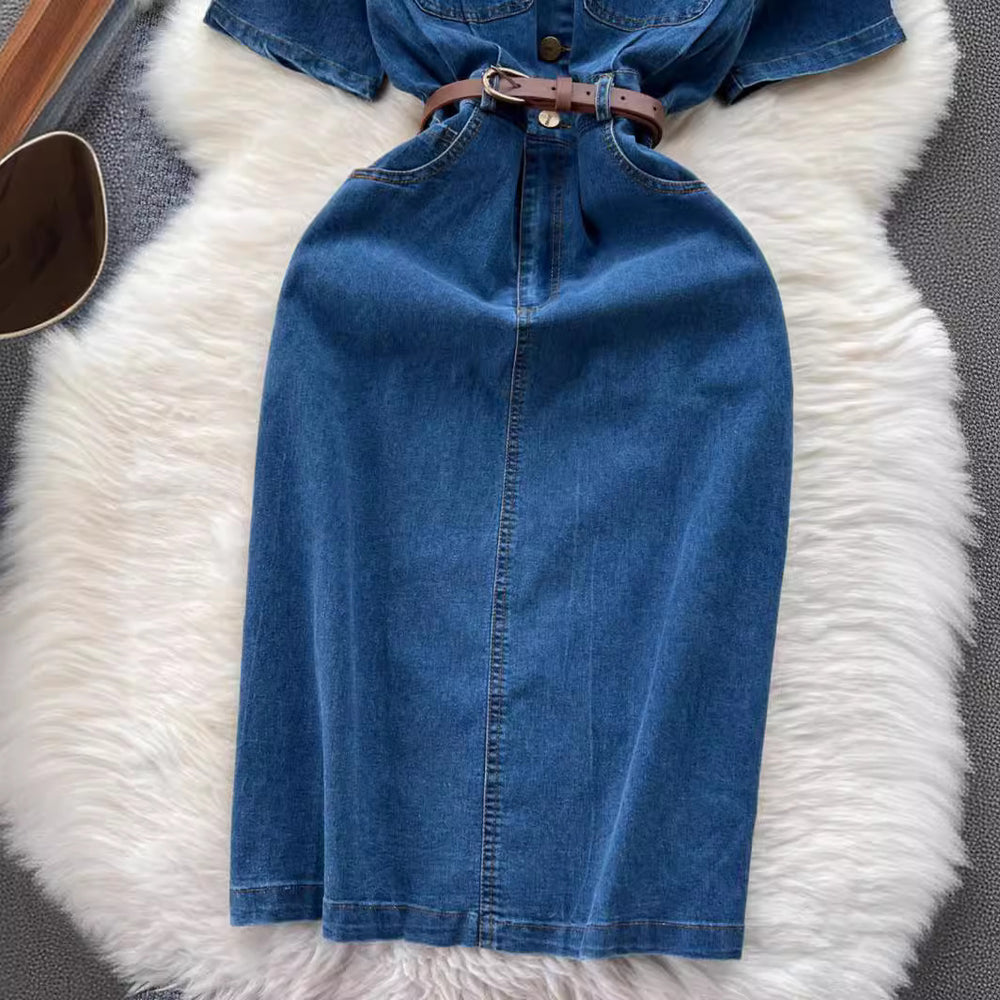 Sense of designniche style denim dress female k-stylesummercasualelegant medium longslimming look short-sleeved shirt long skirt
