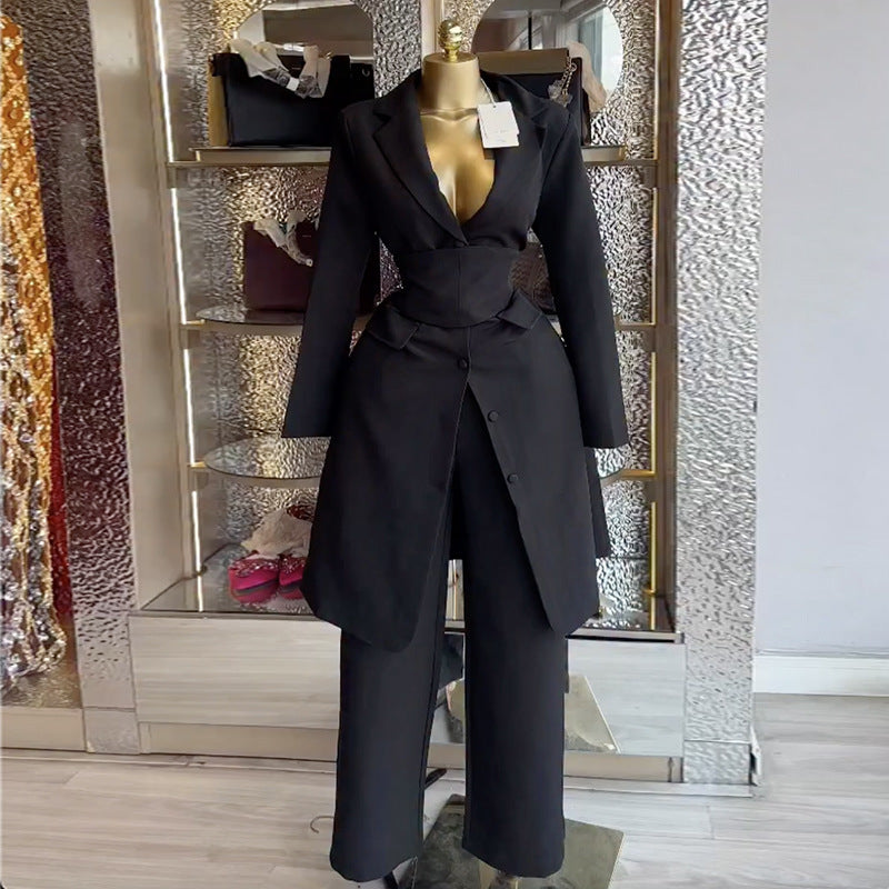 European and american cross-border women's fashion  spring new arrival: elegant mid-length long-sleeve blazer and high-waisted pants set