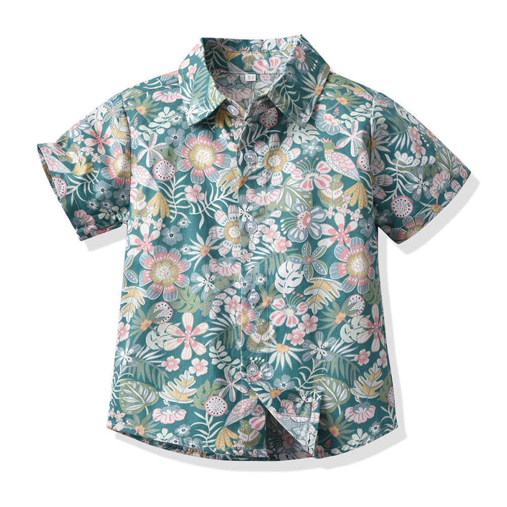 European and american cross-border children's clothing: dad & son vacation outfit, family matching beach style short-sleeve boy's floral shirt