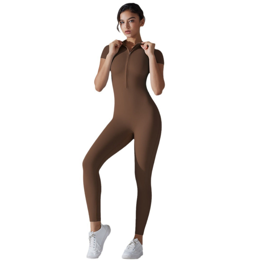 New solid color zip-up compression high-stretch short sleeve bodysuit activewear - workout, fitness, running, cropped leggings, yoga outfit