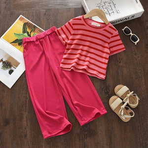 Girls' fashionable summer outfit: new striped short-sleeve set with flowy, cool, and mosquito-repellent wide-leg straight pants