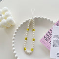 Minimalist pearl white heart bracelet with gauze bow and bear charm - phone lanyard accessory