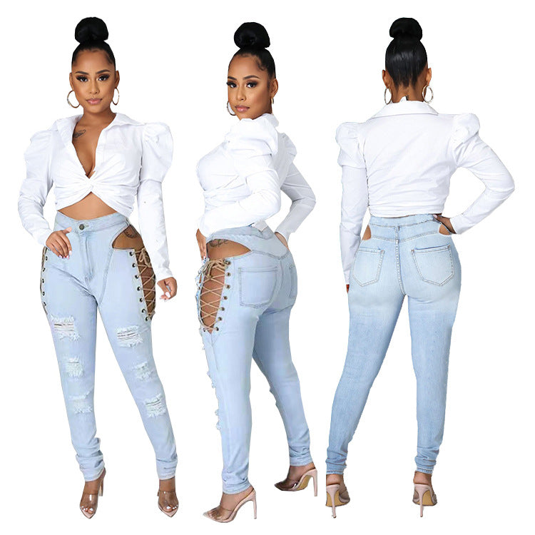 European and american export jeans -  women's fashion hot girl sexy side eyelet tie-up distressed stretch jeans