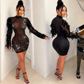 C6802 cross-border   fashion women's solid color mesh rhinestone long sleeve mini dress