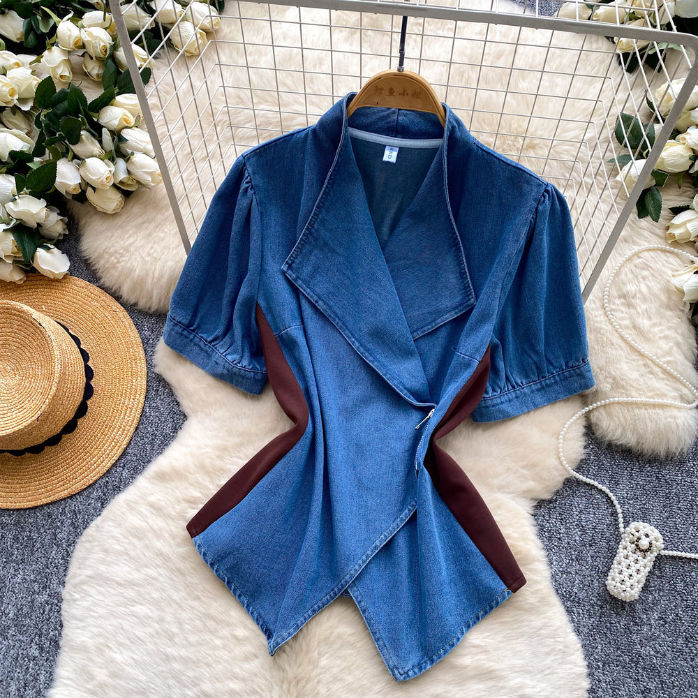 French work clothing style v neckasymmetrical short-sleeved shirt for women with waist slimming looksense of design bluetopsaccessible luxury style