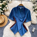 French work clothing style v neckasymmetrical short-sleeved shirt for women with waist slimming looksense of design bluetopsaccessible luxury style