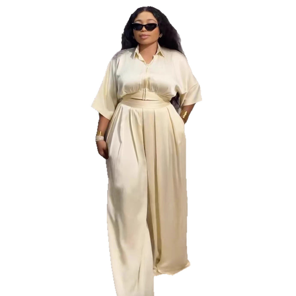 Fashion cross-border women's clothing  summernew arrivalelegantpure colorshort lapel shirt high waist shirred pants suit