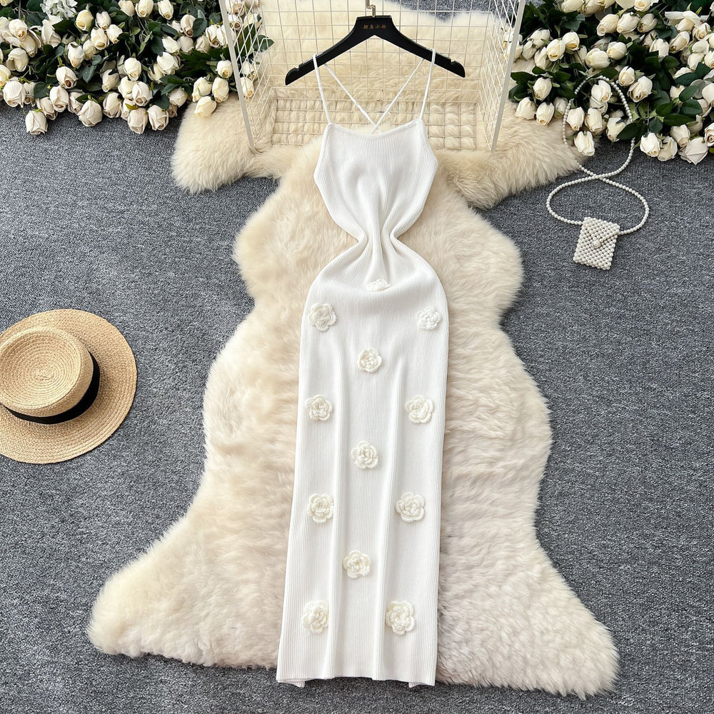 European and american style chic cutout backless halter knit dress - women's figure-hugging maxi dress with 3d floral appliqués