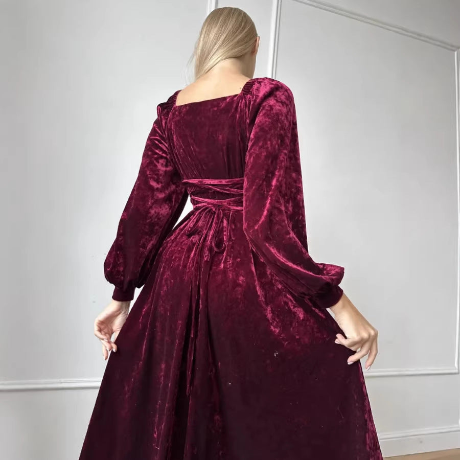 Velvet dress women's spring and autumn clothing  new french retro waist slimmingelegant hepburn style little black dress