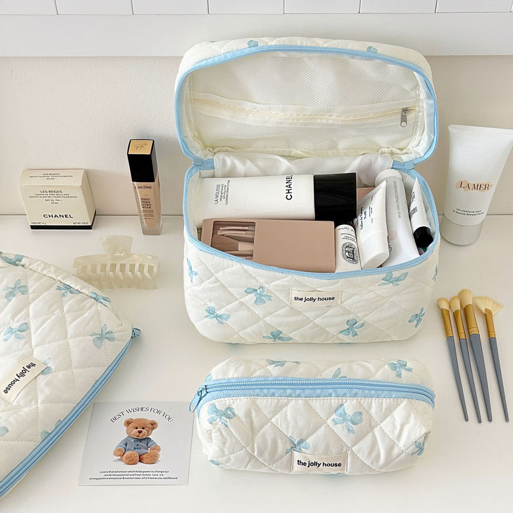 Cute and fresh bowknot makeup bag - large capacity student dorm storage pouch & pencil case set