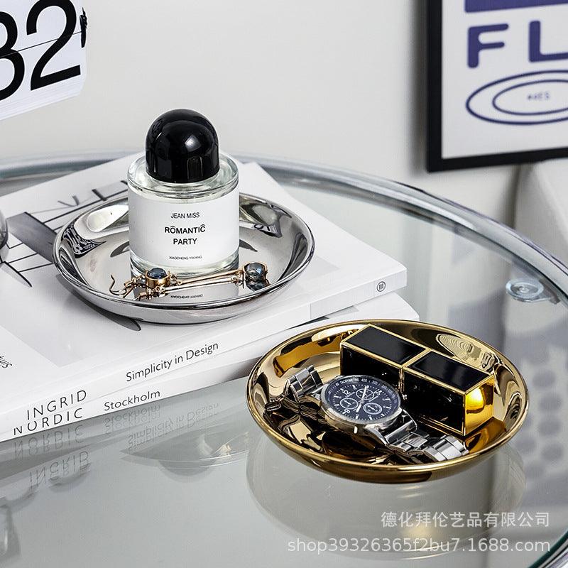 Inscasual silver-plated jewelry ceramic storage tray model room electroplated silver creative desktop ceramic ornaments plate